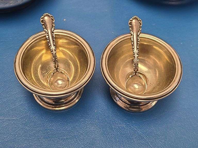 2) Sterling Sugar Dishes with Spoons, Silver Plated Tea Set