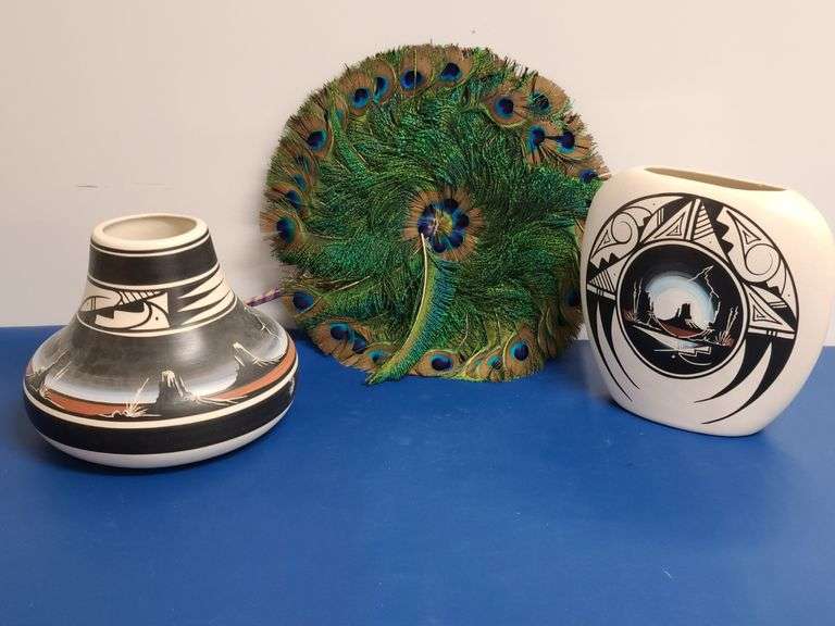 2) Pottery Vases, Peacock Feather Hand Fan