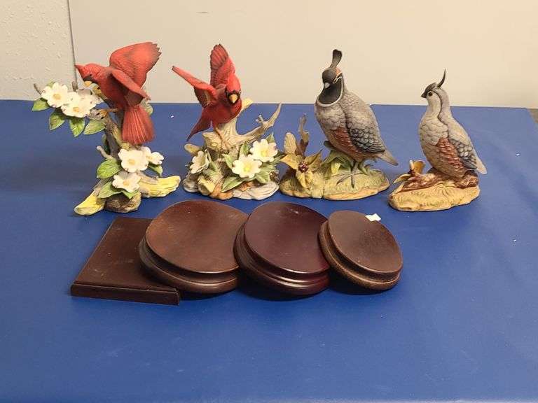 2) Cardinal Figurines, 2) Quail Figurines, 4) Display Bases