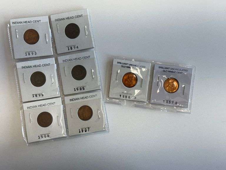 6) Indian Head Cents, 2) Brilliant Uncirculated Old Wheat Cents