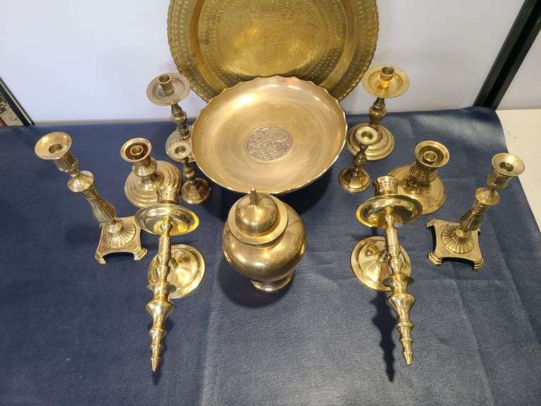 Assorted Brass Items (Candle Sticks, Plates and Vase)