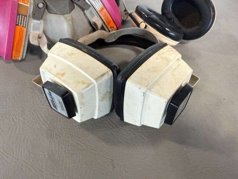 3) Ear Protection Headphones, Hard Hat, Half Face Respirator