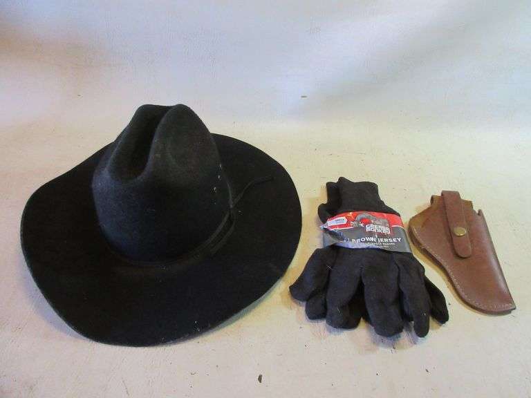 Pack of Brown Jersey Work Gloves, Leather Holster, Western Hat