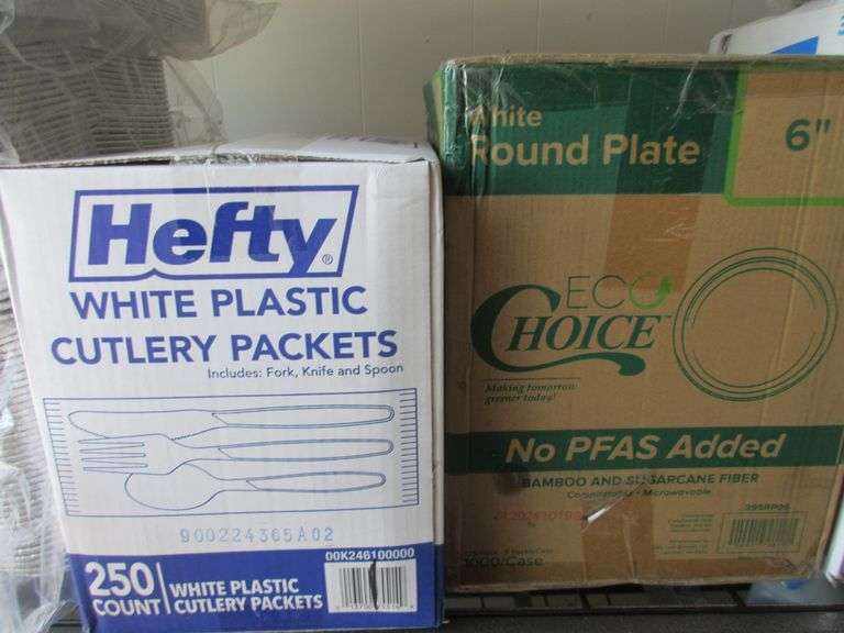 Hefty White Plastic Cutlery Packets, EcoChoice White Round Plates