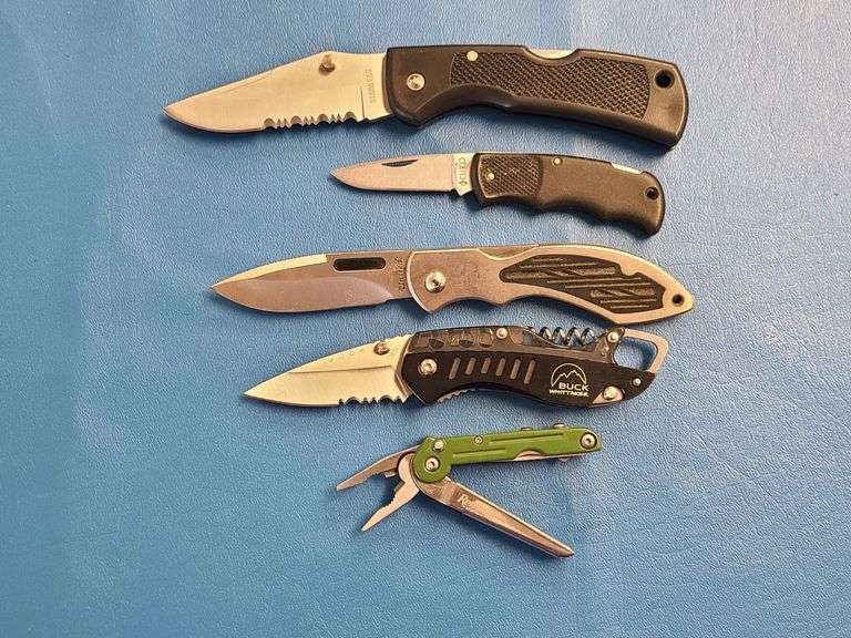 4) Folding Pocket Knives, 2) Sheaths, 1) Folding Multi Tool
