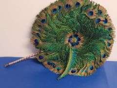 2) Pottery Vases, Peacock Feather Hand Fan