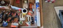 Pallet w/ Assorted Home Improvement items: Insulation, Scissors, Staple Guns, Nails, Framing Square, House-Wrap, 4pk. Dap Caulk, etc.