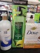 Dove Bar Soap, Rainbath Bath Gel, Dove Shampoo, Herbal Essences Conditioner,