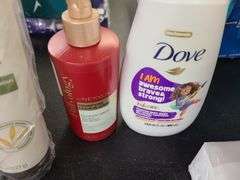 Dial Bar Soap, Aveeno Body Lotion, Nexxus Leave-In Spray, Dove Kids Care