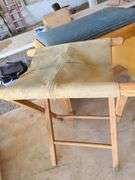 Bench, 2) Oak Canvas Folding Camp Chairs