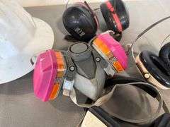 3) Ear Protection Headphones, Hard Hat, Half Face Respirator