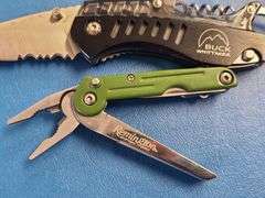 4) Folding Pocket Knives, 2) Sheaths, 1) Folding Multi Tool