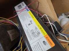 Contents of Bins: Sockets, Transformers, Magnetic Ballasts, Light Bulbs, Pull Chain Lamp Holder and 