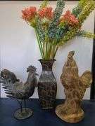 2) Roosters, Artificial Flowers