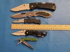4) Folding Pocket Knives, 2) Sheaths, 1) Folding Multi Tool