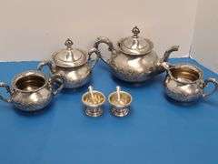 2) Sterling Sugar Dishes with Spoons, Silver Plated Tea Set