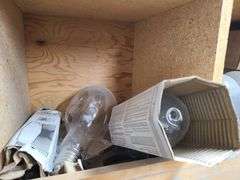 Contents of Bins: Sockets, Transformers, Magnetic Ballasts, Light Bulbs, Pull Chain Lamp Holder and 