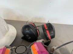 3) Ear Protection Headphones, Hard Hat, Half Face Respirator