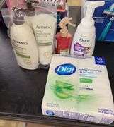 Dial Bar Soap, Aveeno Body Lotion, Nexxus Leave-In Spray, Dove Kids Care