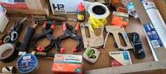 Pallet w/ Assorted Home Improvement items: Insulation, Scissors, Staple Guns, Nails, Framing Square, House-Wrap, 4pk. Dap Caulk, etc.