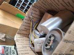 Contents of Bins: Sockets, Transformers, Magnetic Ballasts, Light Bulbs, Pull Chain Lamp Holder and 