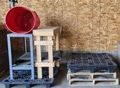 4 Pallets, Wooden Work Table, Metal Work Table, Large Trash Can