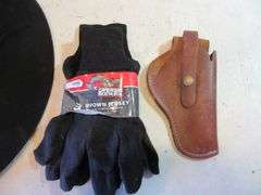 Pack of Brown Jersey Work Gloves, Leather Holster, Western Hat
