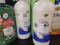 Dove Bar Soap, Rainbath Bath Gel, Dove Shampoo, Herbal Essences Conditioner,