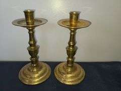 Assorted Brass Items (Candle Sticks, Plates and Vase)