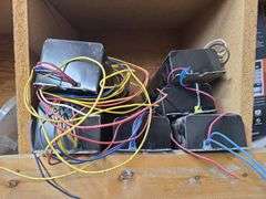 Contents of Bins: Sockets, Transformers, Magnetic Ballasts, Light Bulbs, Pull Chain Lamp Holder and 