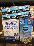 2) Dry Wax Papers, Hefty Cutlery Packets, Ziploc Freezer Bags