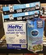 2) Dry Wax Papers, Hefty Cutlery Packets, Ziploc Freezer Bags