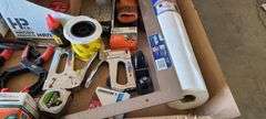 Pallet w/ Assorted Home Improvement items: Insulation, Scissors, Staple Guns, Nails, Framing Square, House-Wrap, 4pk. Dap Caulk, etc.