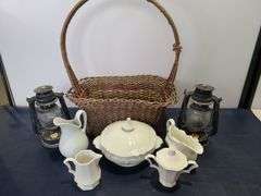 Basket, 2) Lanterns, Soup Tureen, Cream and Sugar Ser