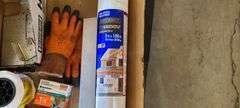 Pallet w/ Assorted Home Improvement items: Insulation, Scissors, Staple Guns, Nails, Framing Square, House-Wrap, 4pk. Dap Caulk, etc.