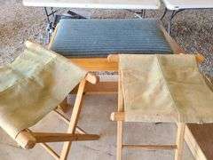 Bench, 2) Oak Canvas Folding Camp Chairs