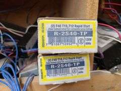 Contents of Bins: Sockets, Transformers, Magnetic Ballasts, Light Bulbs, Pull Chain Lamp Holder and 