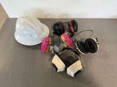 3) Ear Protection Headphones, Hard Hat, Half Face Respirator
