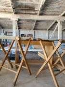 Bench, 2) Oak Canvas Folding Camp Chairs