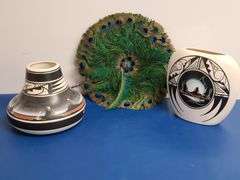 2) Pottery Vases, Peacock Feather Hand Fan