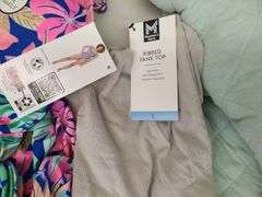 Swim Suit, Ribbed Tank Top, Quilted Jacket, Shorts, Sandwash Dress, Pants