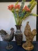 2) Roosters, Artificial Flowers