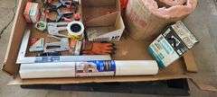 Pallet w/ Assorted Home Improvement items: Insulation, Scissors, Staple Guns, Nails, Framing Square, House-Wrap, 4pk. Dap Caulk, etc.