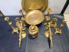 Assorted Brass Items (Candle Sticks, Plates and Vase)