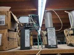 Contents of Bins: Sockets, Transformers, Magnetic Ballasts, Light Bulbs, Pull Chain Lamp Holder and 