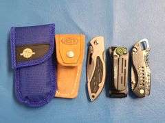 4) Folding Pocket Knives, 2) Sheaths, 1) Folding Multi Tool