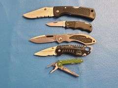 4) Folding Pocket Knives, 2) Sheaths, 1) Folding Multi Tool