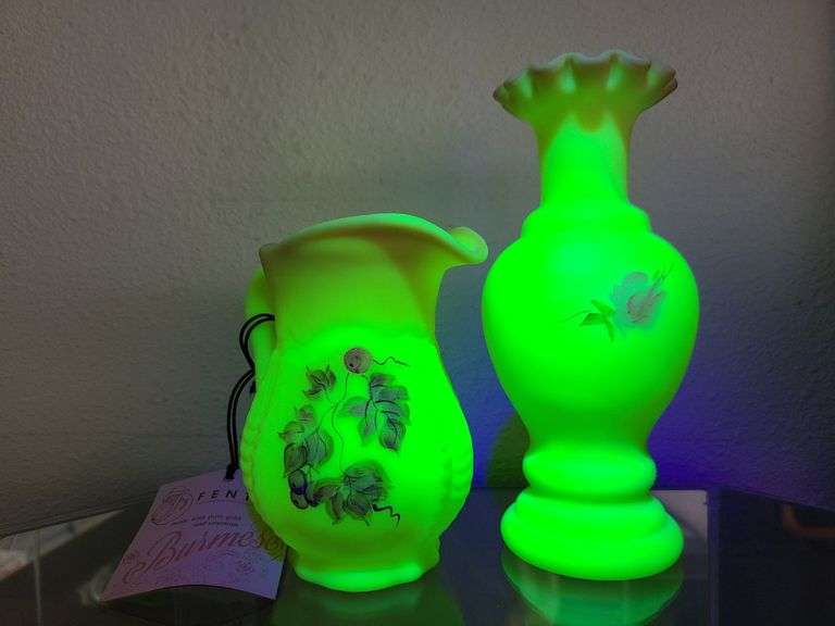 Burmese Fenton Hand Painted Vase, Burmese Fenton Hand Painted Pitcher
