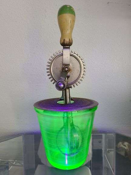 Uranium Glass Measuring Cup With Metal Hand Crank Beater