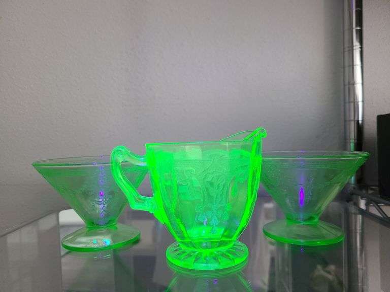 2) Uranium Glass Dessert Cups, Uranium Glass Creamer Cup